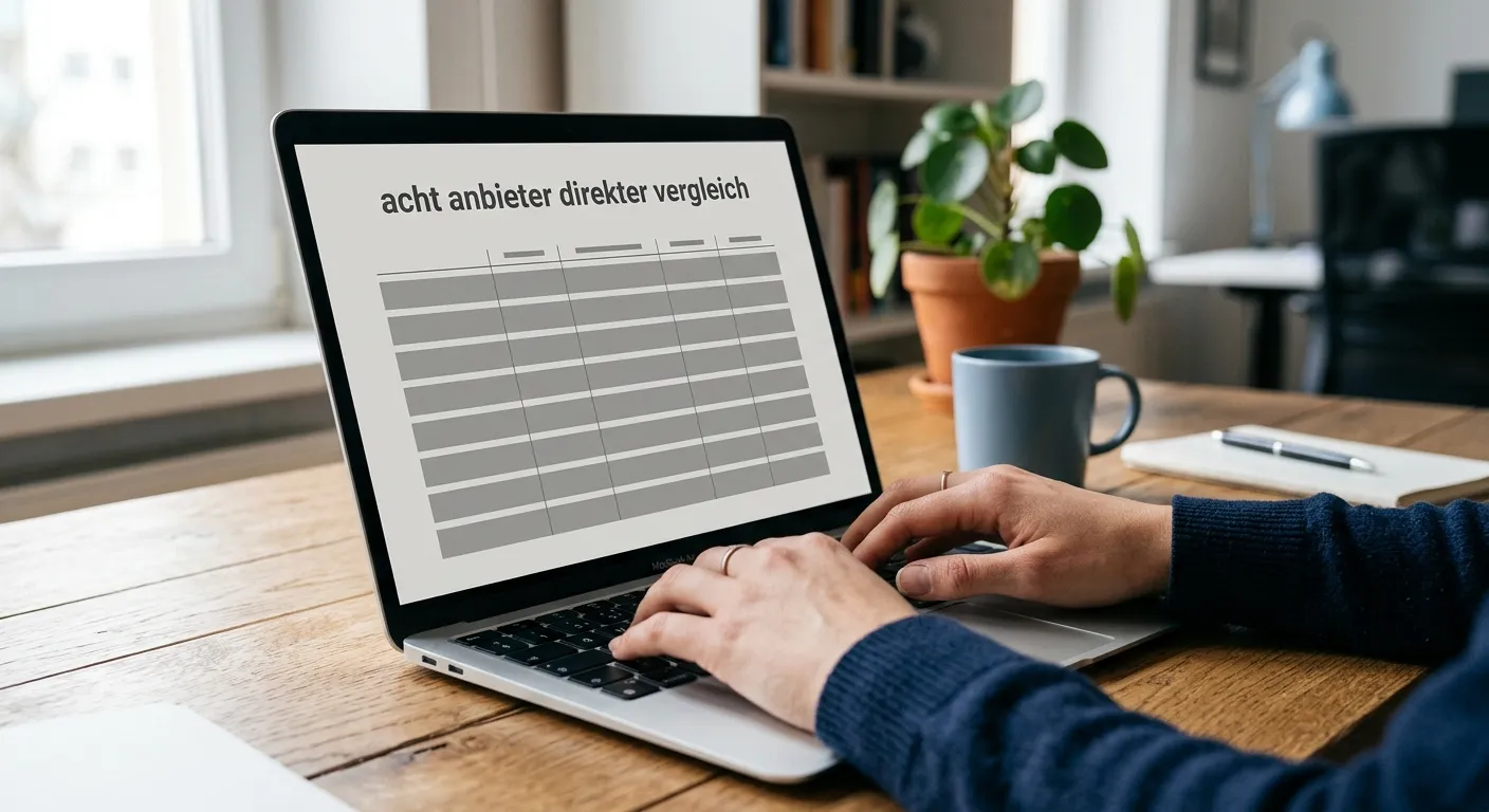 Vergleichstabelle mit acht Wettanbietern auf einem Bildschirm in sachlicher Analyse