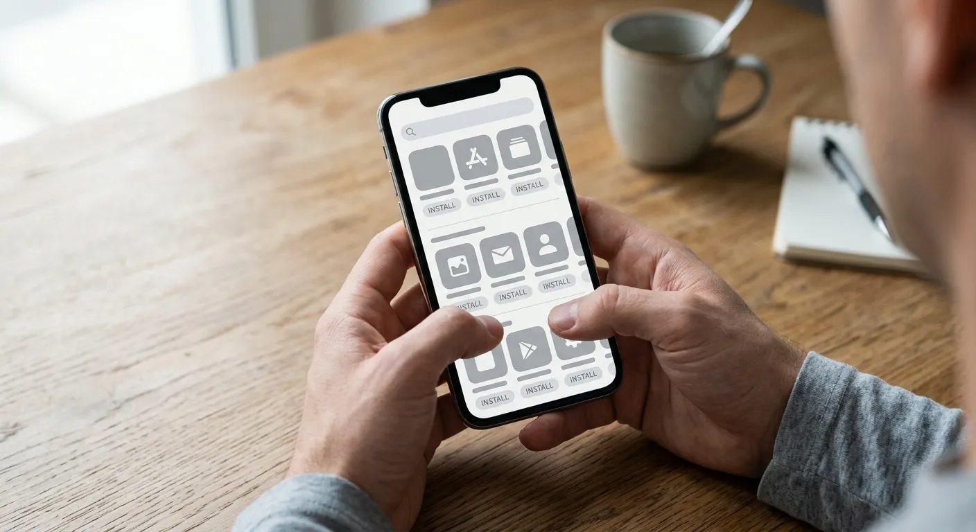 Smartphone zeigt offiziellen App-Store mit Download-Bereich für Anwendungen