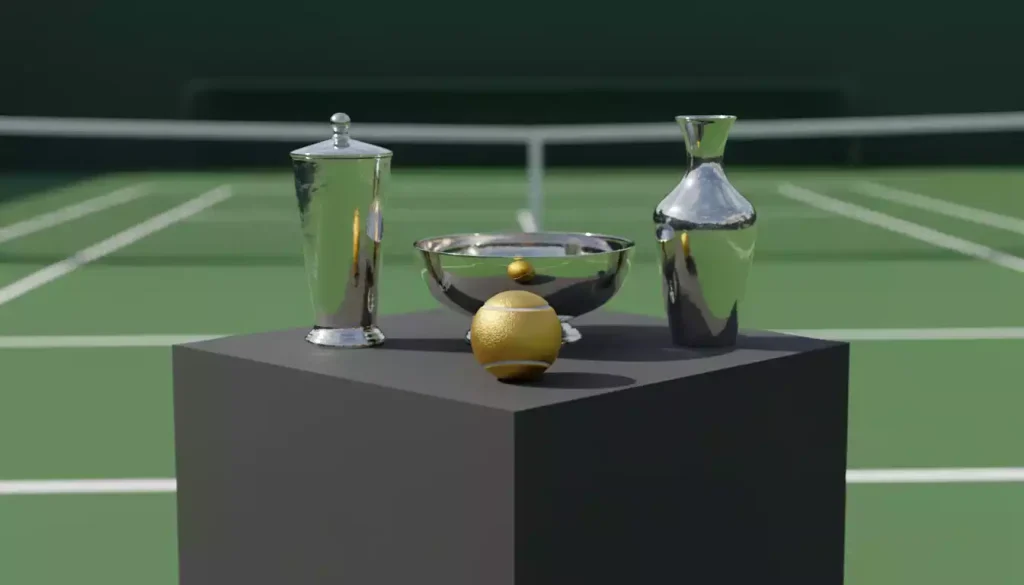 Tennisplatz mit Pokal und Trophäen — die beste Tennisspielerin aller Zeiten im Vergleich