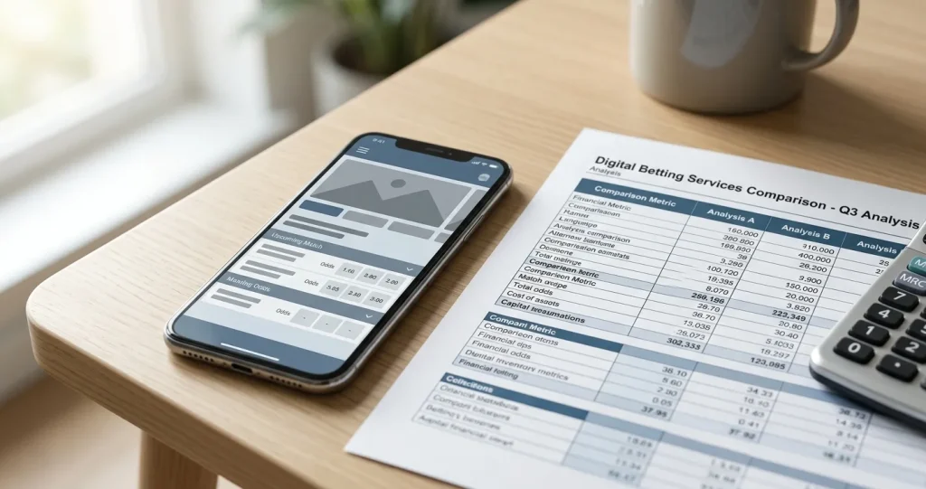 Smartphone mit neutraler Wett-App-Oberfläche auf einem Schreibtisch neben Notizen und Taschenrechner