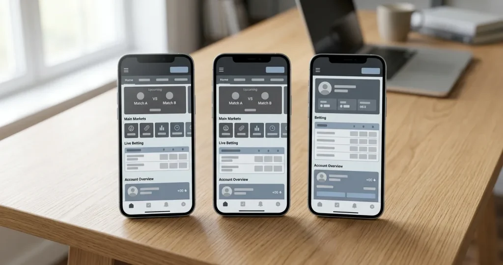 Mehrere Smartphones mit Sportwetten-Apps auf neutralem Hintergrund im Vergleich