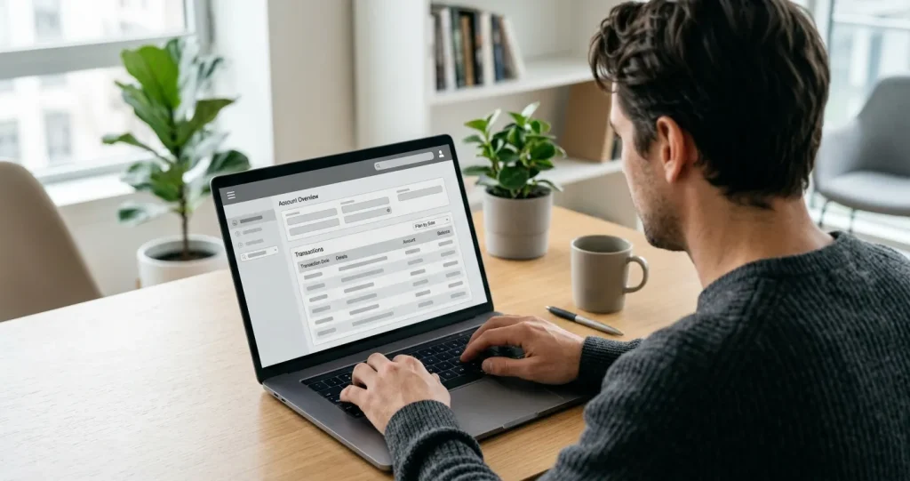Person am Laptop überweist Geld zu einem Wettanbieter über Online-Banking