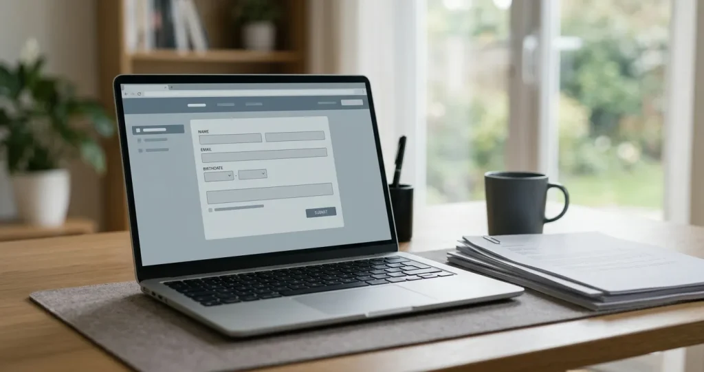 Laptop mit abstrakten Formularen und Dokumenten zum Thema Verifizierung bei Wettanbietern