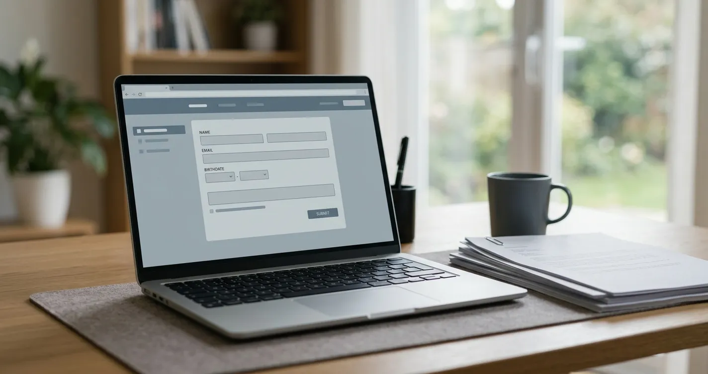 Laptop mit abstrakten Formularen und Dokumenten zum Thema Verifizierung bei Wettanbietern