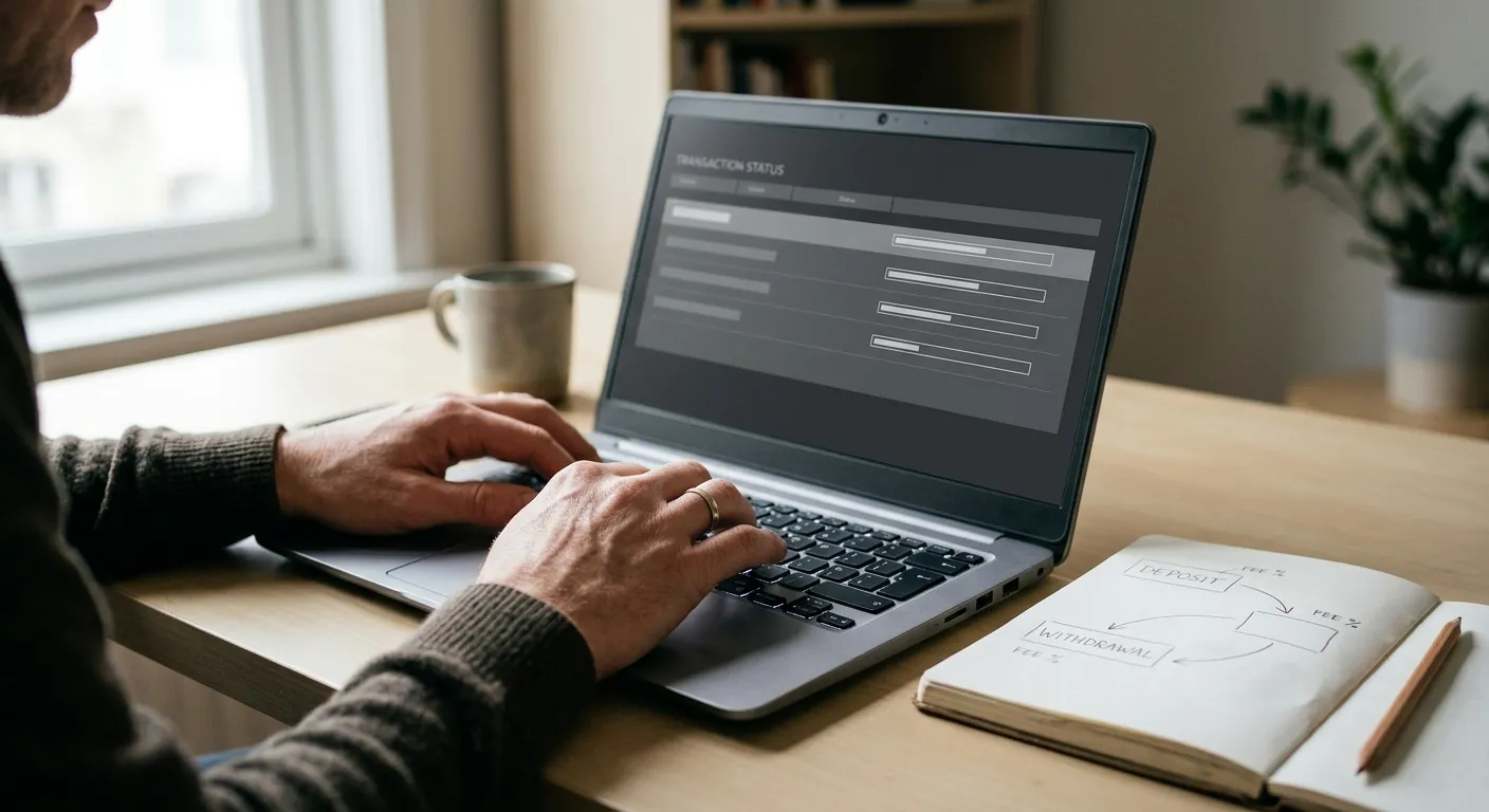 Hände an einem Laptop mit neutraler Transaktionsoberfläche