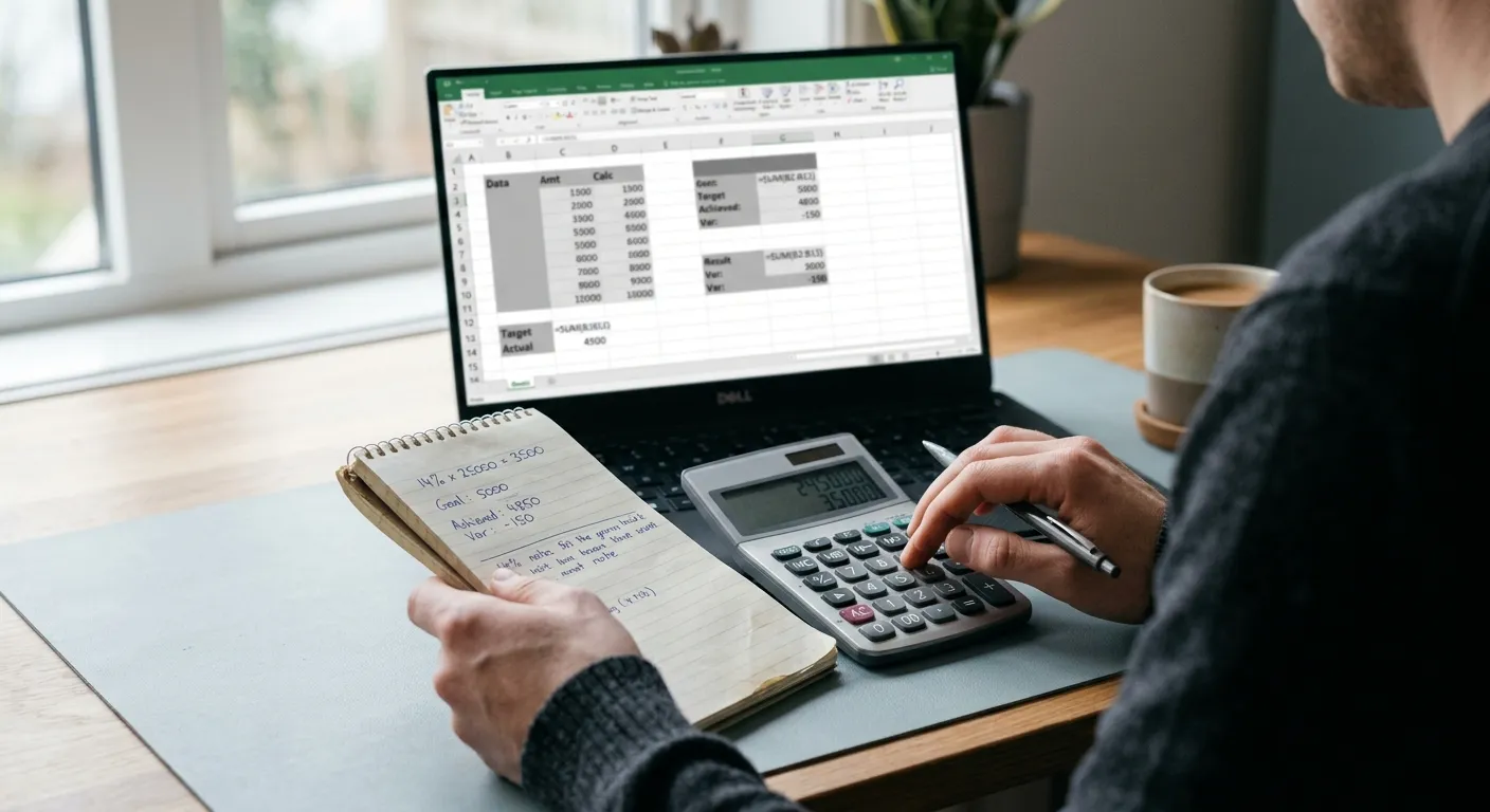 Hände mit Taschenrechner vor Laptop mit Bedingungstabelle