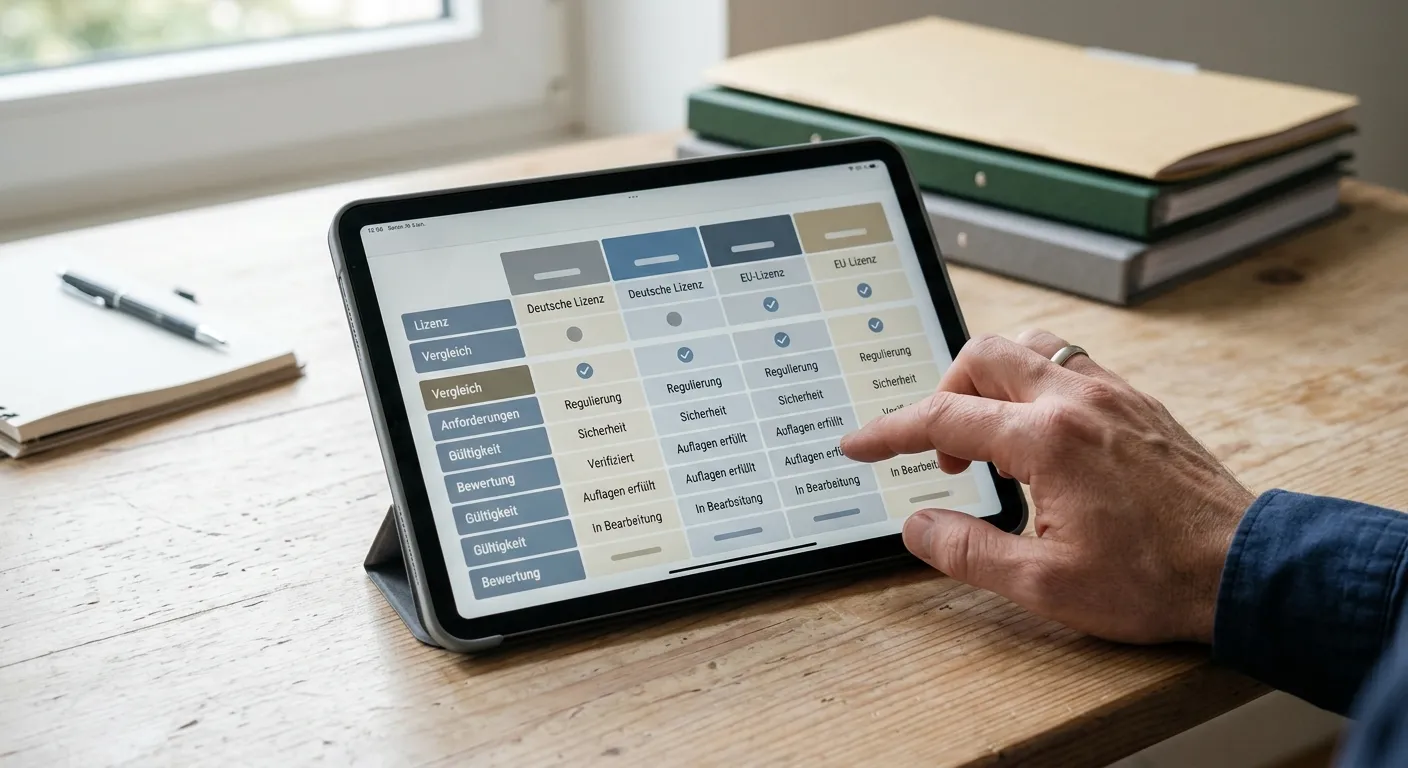 Strukturierter Vergleich verschiedener Wettanbieter-Lizenzen auf Tablet