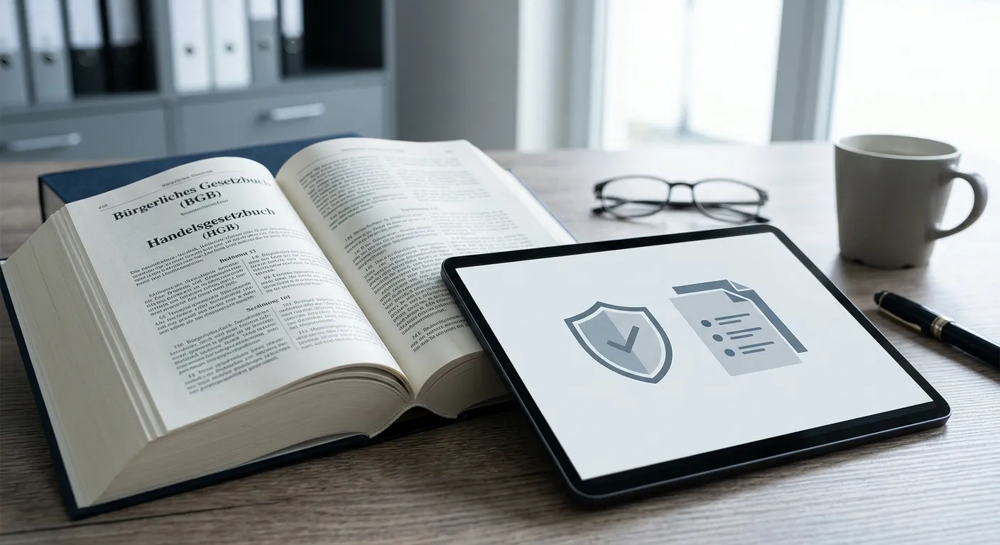 Offenes Gesetzbuch neben Tablet mit abstrakten Compliance-Symbolen
