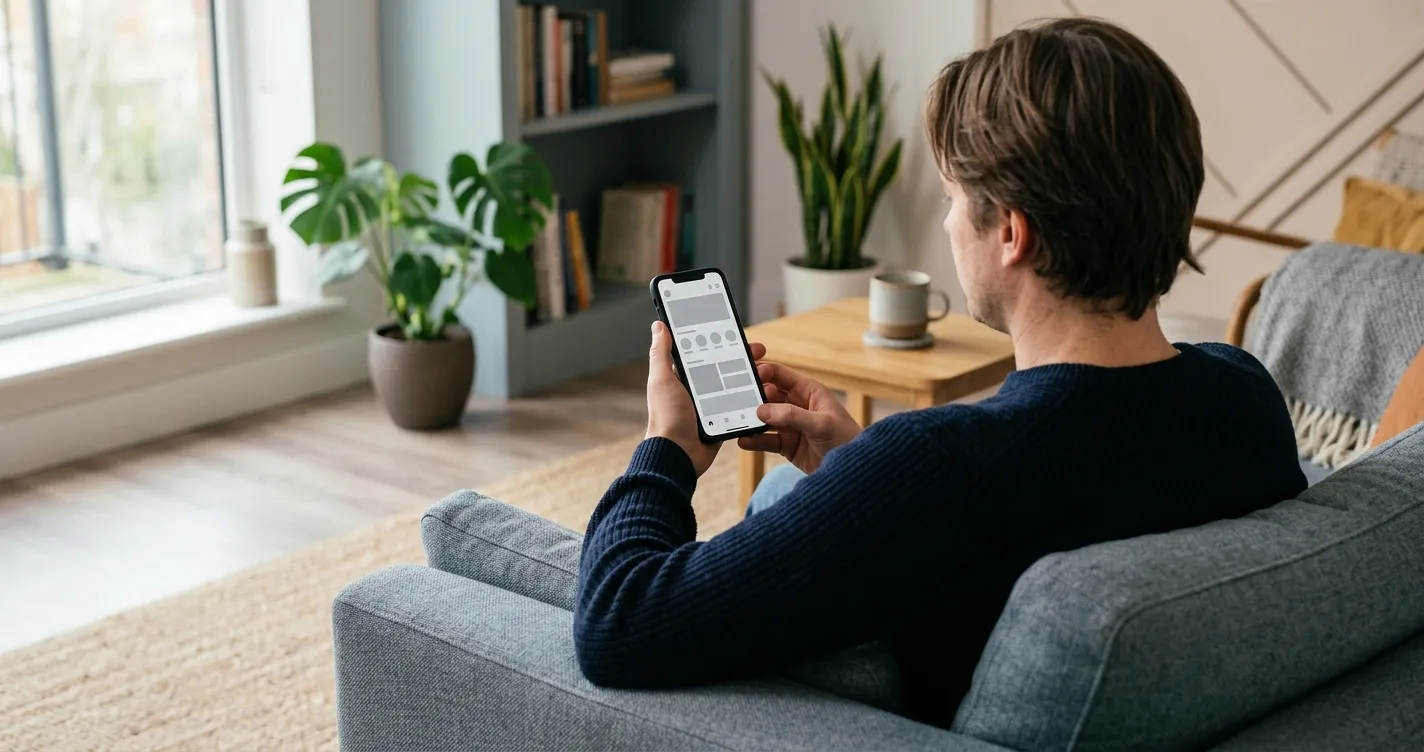 Person nutzt Smartphone für mobile Wettanbieter auf dem Sofa