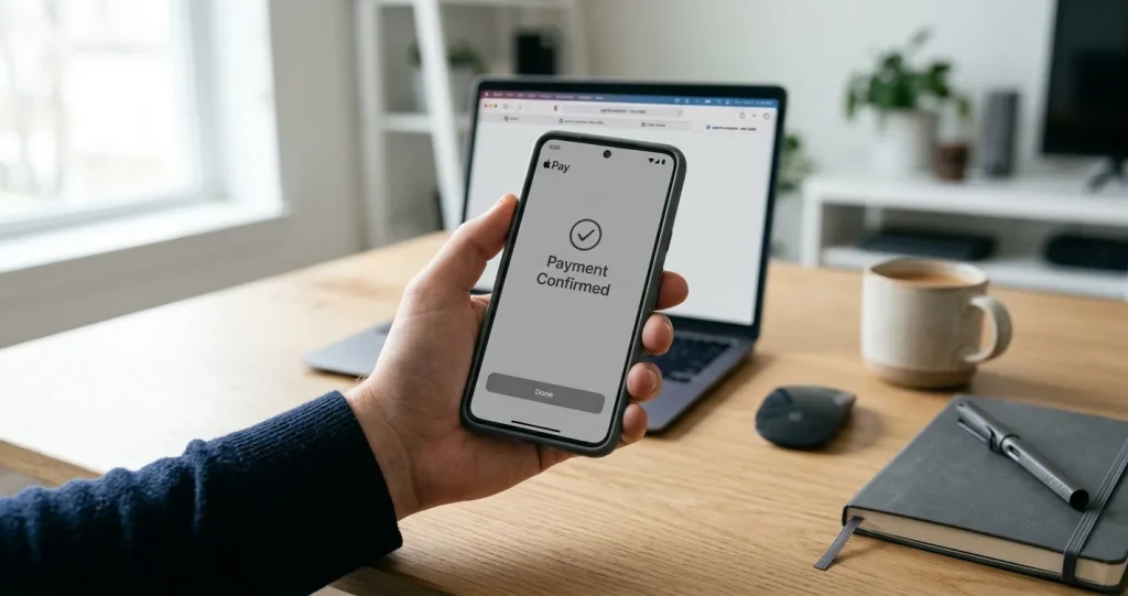 Smartphone mit Apple Pay Zahlungsoberfläche für Sportwetten-Einzahlung