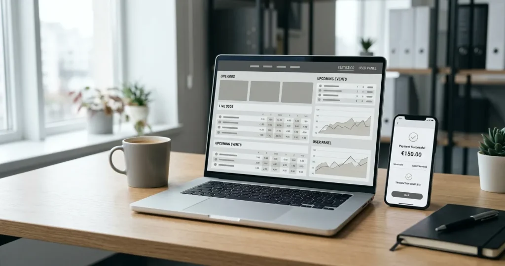 Arbeitsplatz mit Laptop und Smartphone für Online-Sportwetten mit Payz