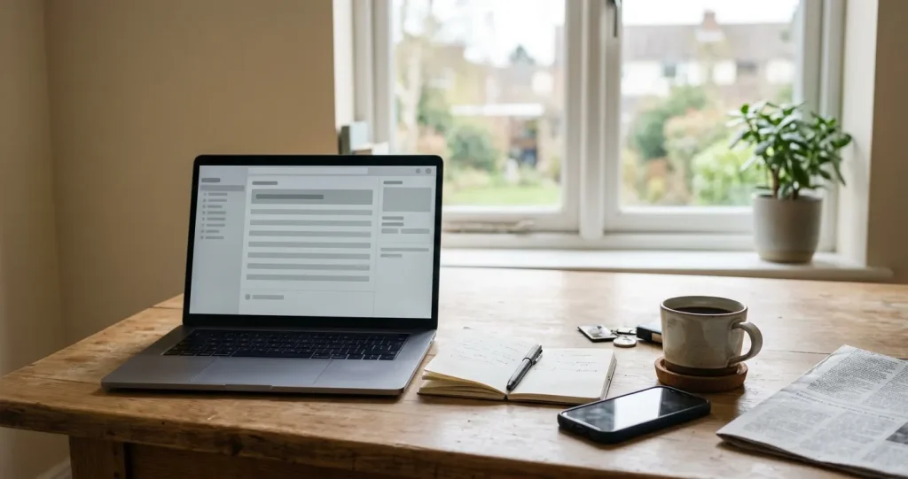Schreibtisch mit Laptop und Notizen zu Bank-Alternativen für Sportwetten in Deutschland