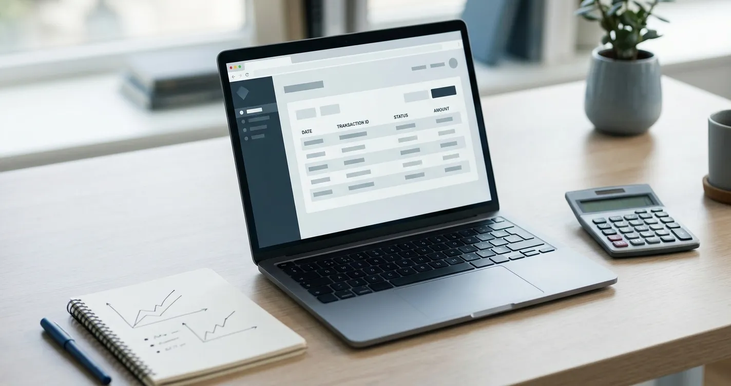 Digitale Zahlungsanalyse mit Laptop und Taschenrechner auf neutralem Schreibtisch