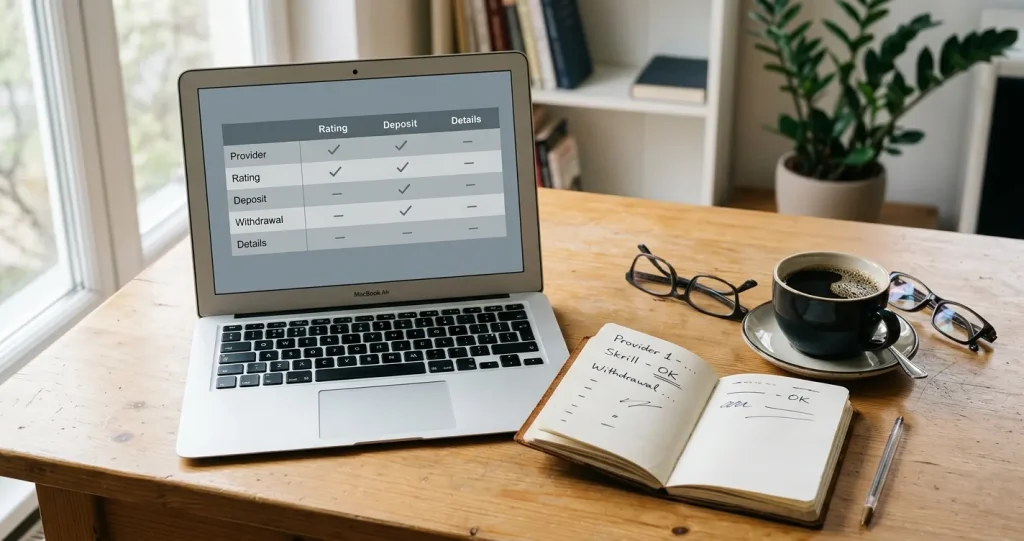 Schreibtisch mit Laptop und Notizen zum Vergleich von Skrill-Wettanbietern