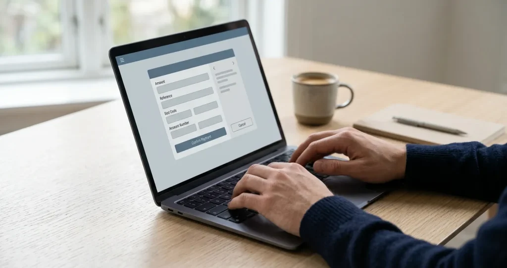 Online-Banking-Interface auf Laptop mit abstrakten Zahlungsfeldern im neutralen Arbeitsumfeld