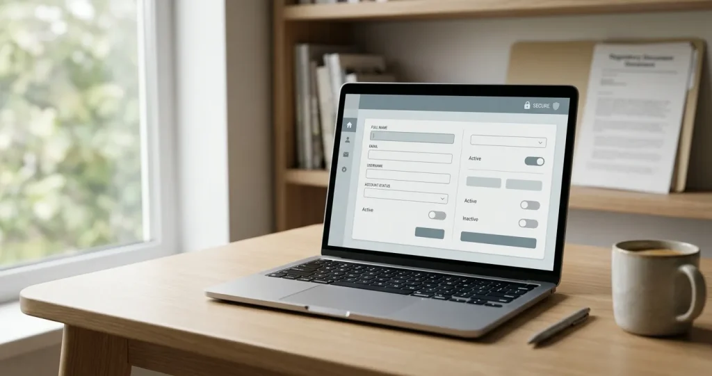 Laptop mit vereinfachter Registrierungsmaske und symbolischen Barrieren im Hintergrund