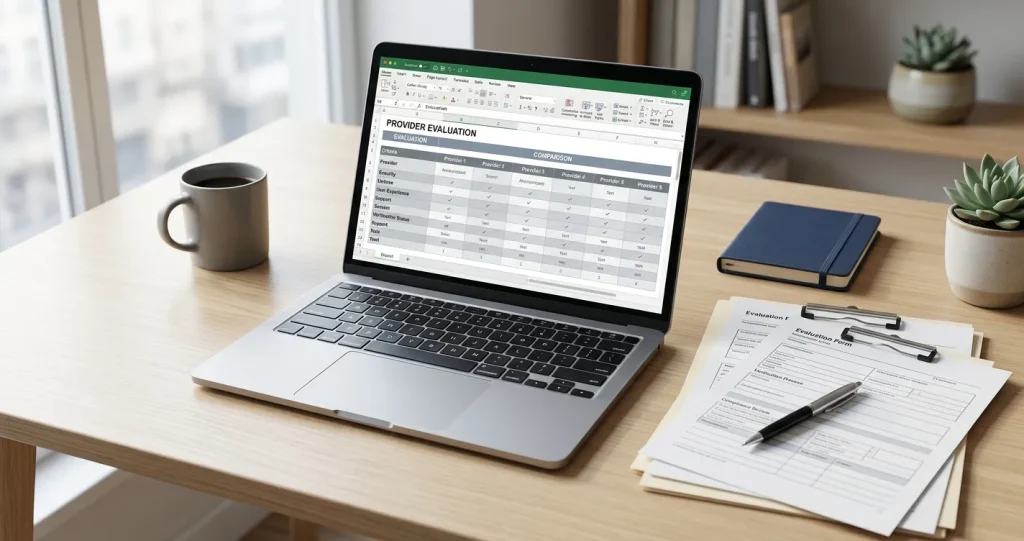 Professioneller Arbeitsplatz mit Laptop und Dokumenten zur Analyse von Wettanbietern und Bonitätsprüfungen