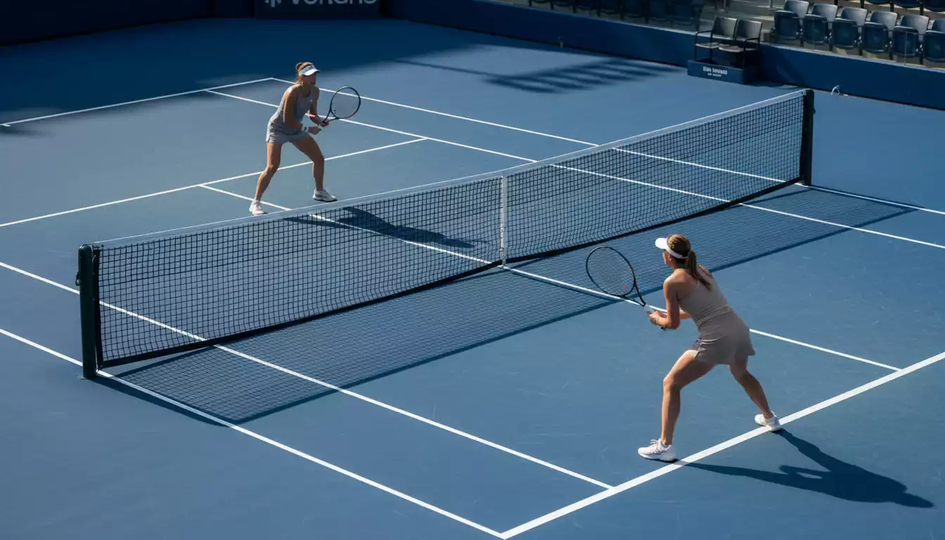 Zwei Tennisspielerinnen am Netz im Doppel — taktische Positionierung auf dem WTA-Court