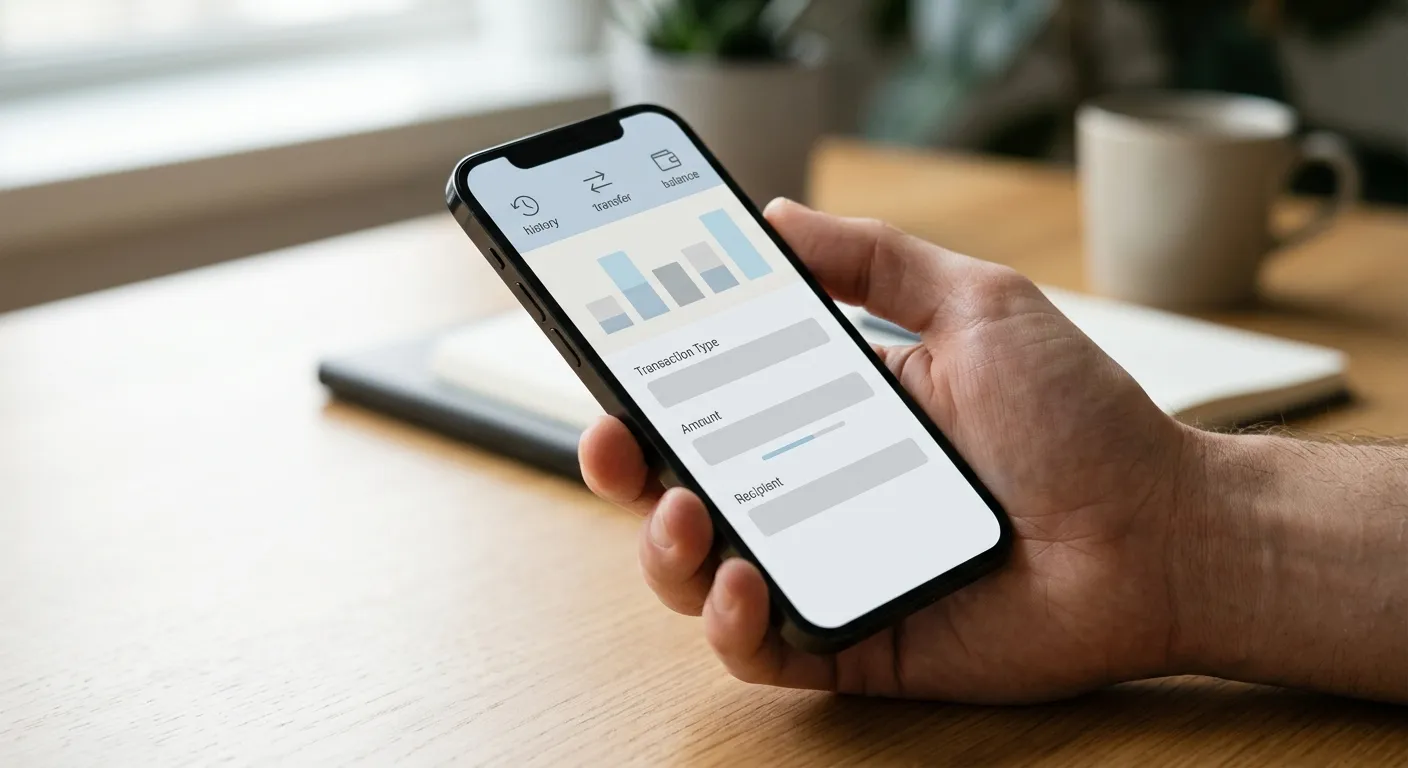 Smartphone zeigt abstraktes Banking-Interface mit Eingabefeldern und Transaktionsübersicht