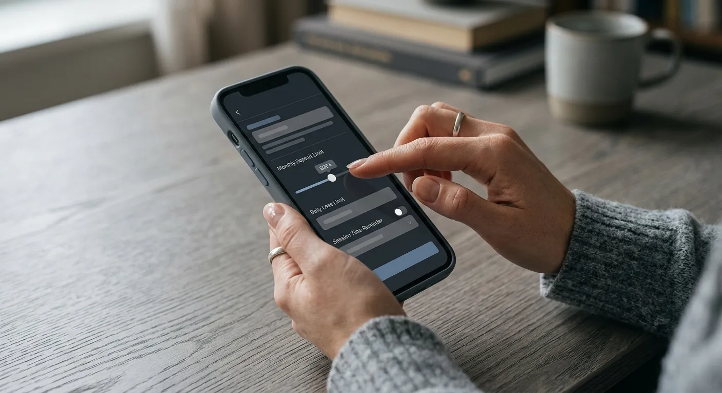 Hände über Smartphone mit Einstellungen für Limits und Selbstsperre