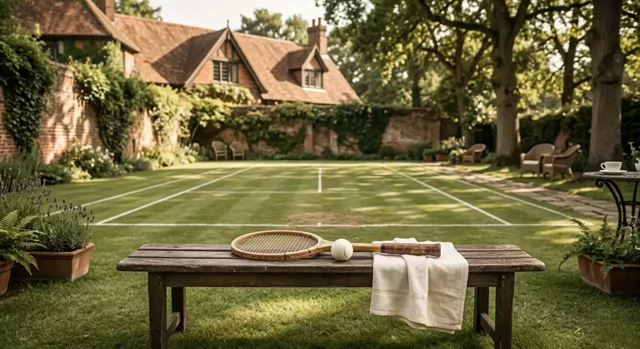 Geschichte des Frauentennis — historischer Rasenplatz mit Tennisausrüstung
