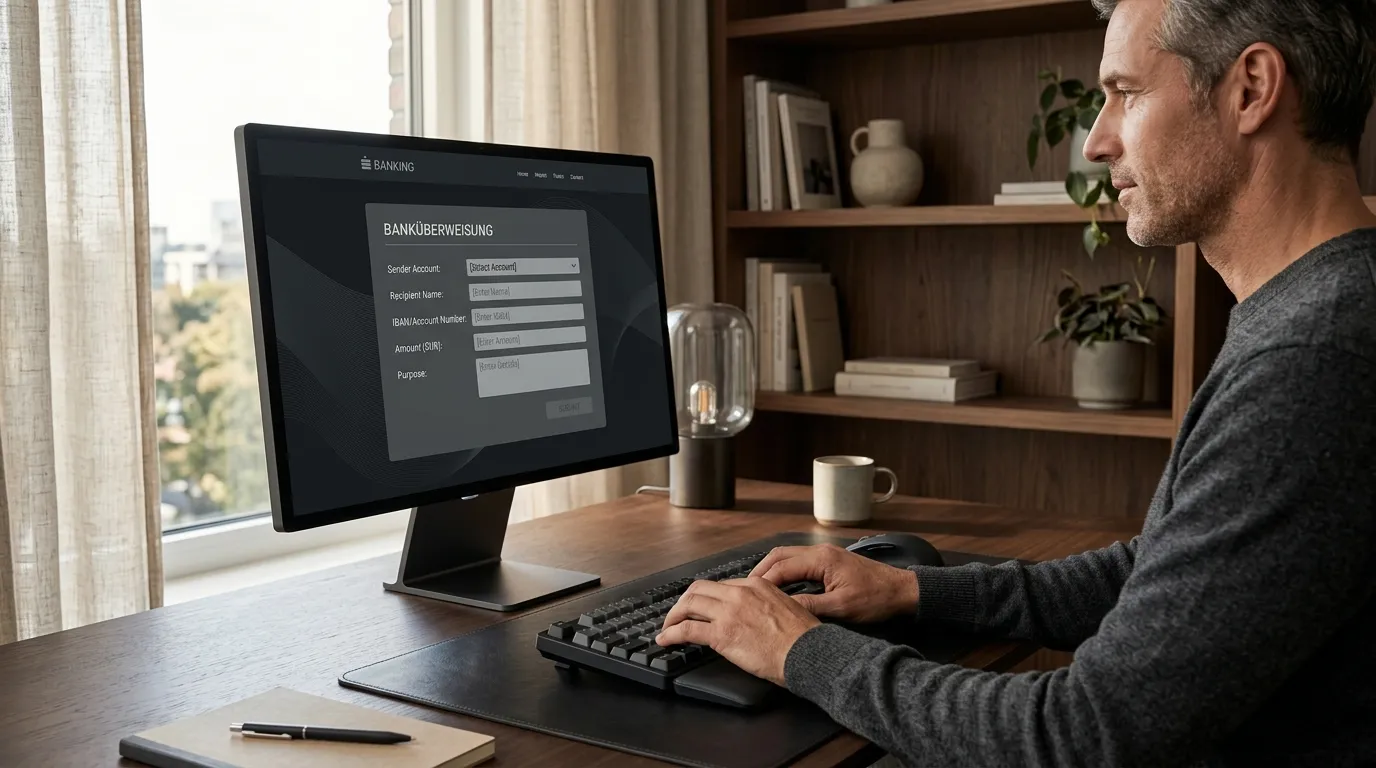 Elegante Büroumgebung mit Computer, der neutrale Banking-Oberfläche für hohe Transaktionen zeigt