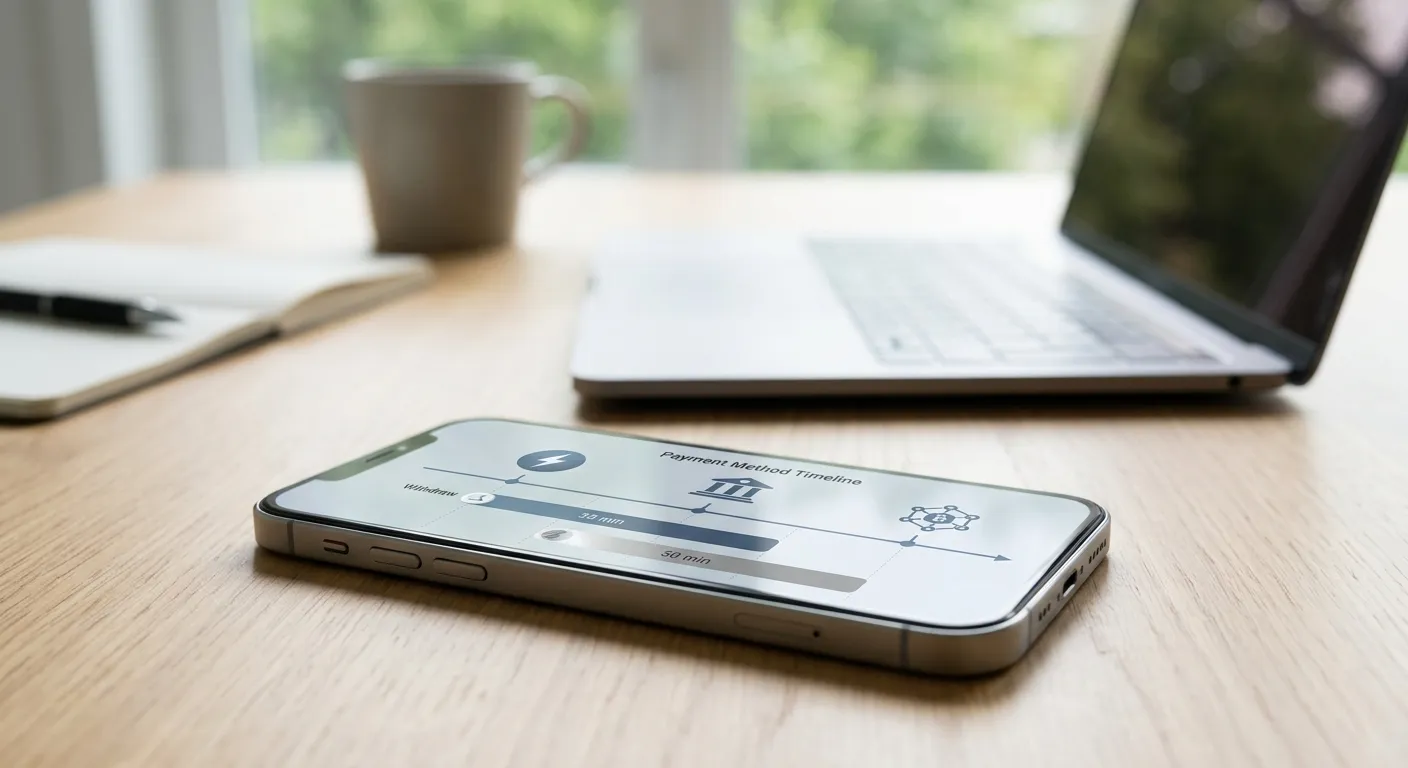 Smartphone mit abstrakten Zahlungsmethoden und Zeitvergleich auf modernem Schreibtisch