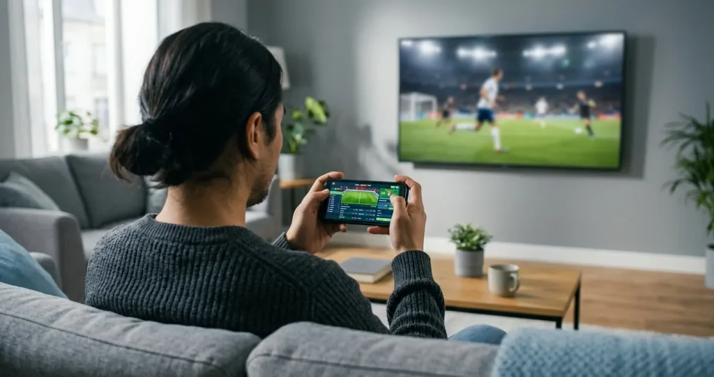 Person nutzt Smartphone für Live-Wetten während ein Fußballspiel im Hintergrund läuft