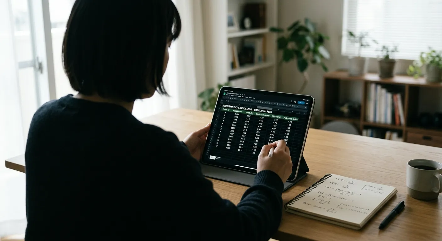 Person analysiert Quotenberechnungen auf Tablet mit Notizen daneben