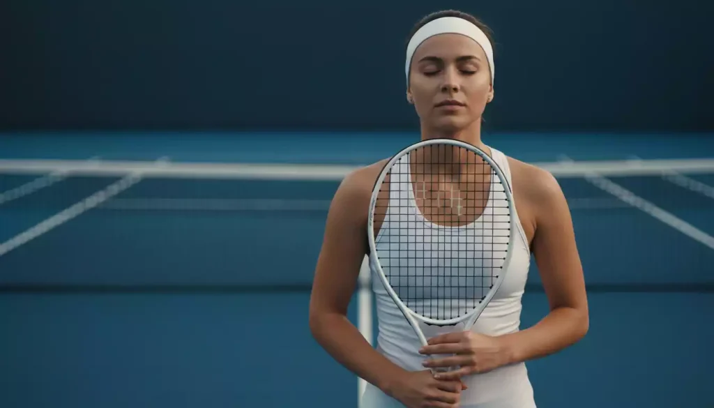 Tennisspielerin konzentriert vor dem Aufschlag — Mentaltraining und Routinen im Damentennis