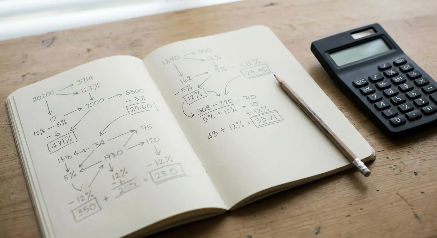 Notizblock mit handschriftlicher Berechnung neben Taschenrechner