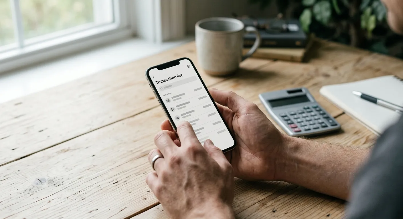 Smartphone mit Zahlungs-Interface und Taschenrechner zur Veranschaulichung von Transaktionsgebühren