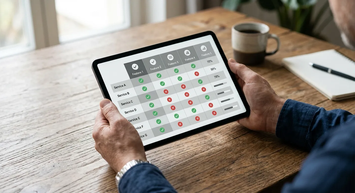 Vergleichstabelle auf Tablet-Bildschirm mit abstrakten Datenzeilen
