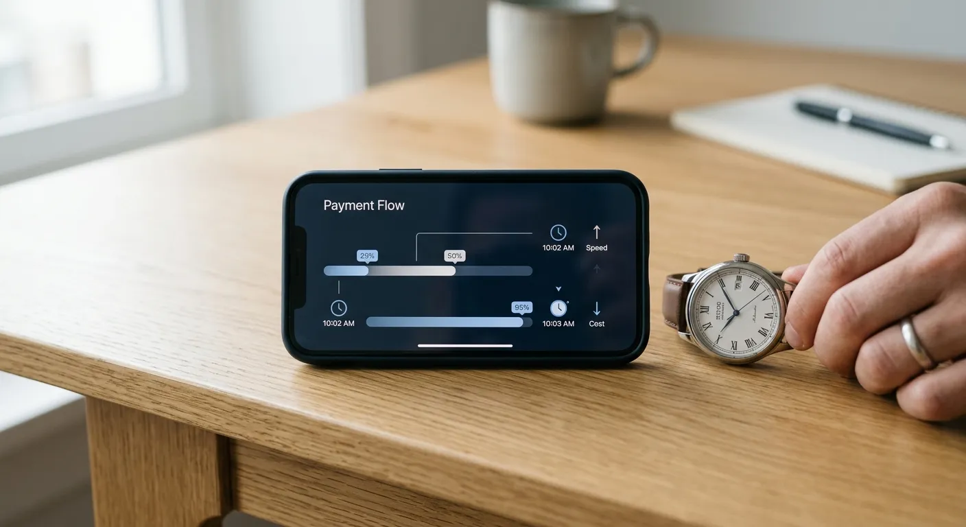 Smartphone mit Zahlungsübersicht und Uhr auf minimalistischem Hintergrund