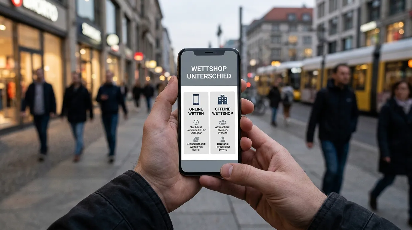 Smartphone mit Wett-App neben verschwommenem Straßenhintergrund als Kontrast zwischen Online- und Offline-Wetten