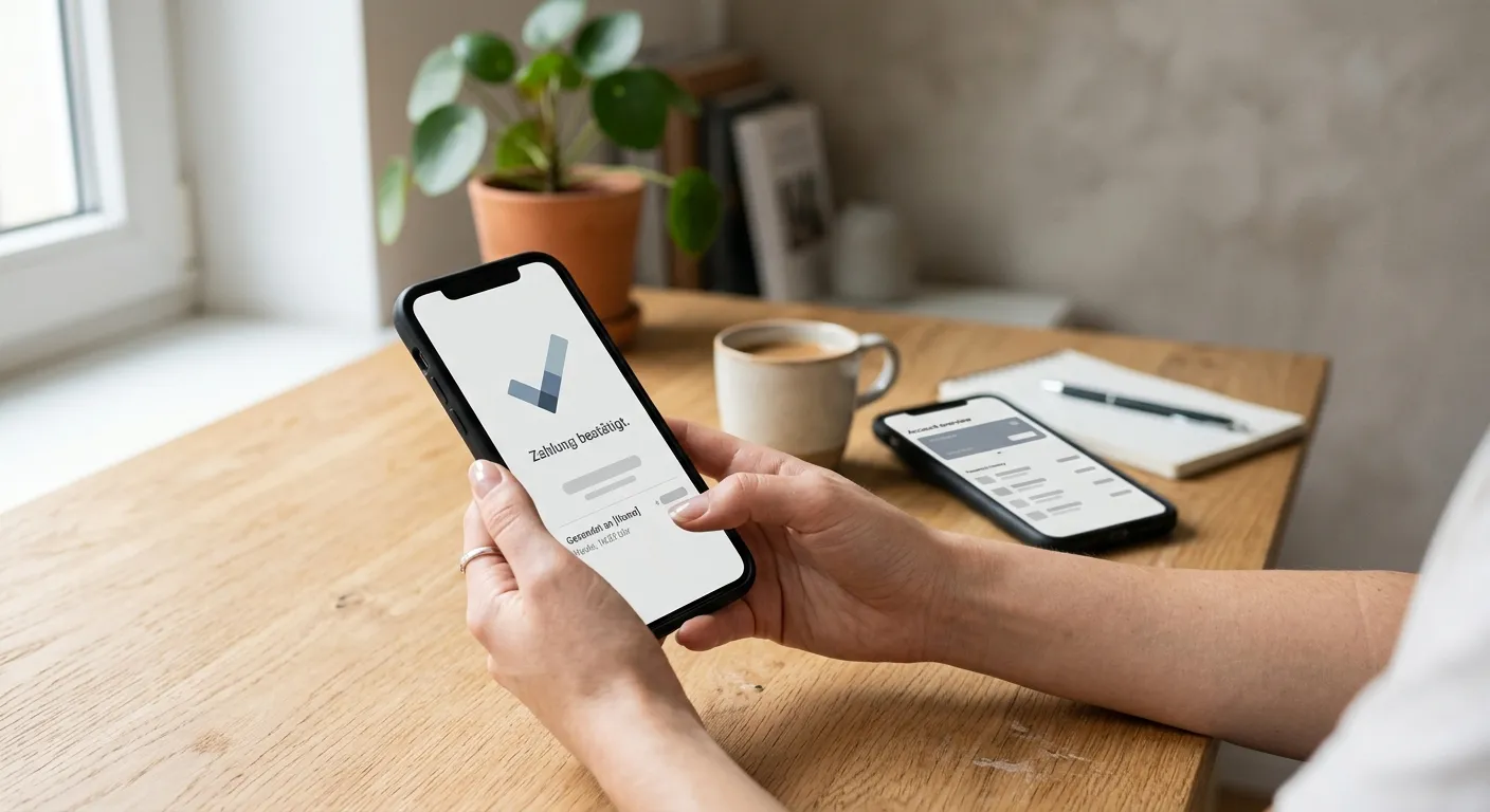Digitaler Zahlungsprozess auf Smartphone mit abstrakten Transaktionsschritten
