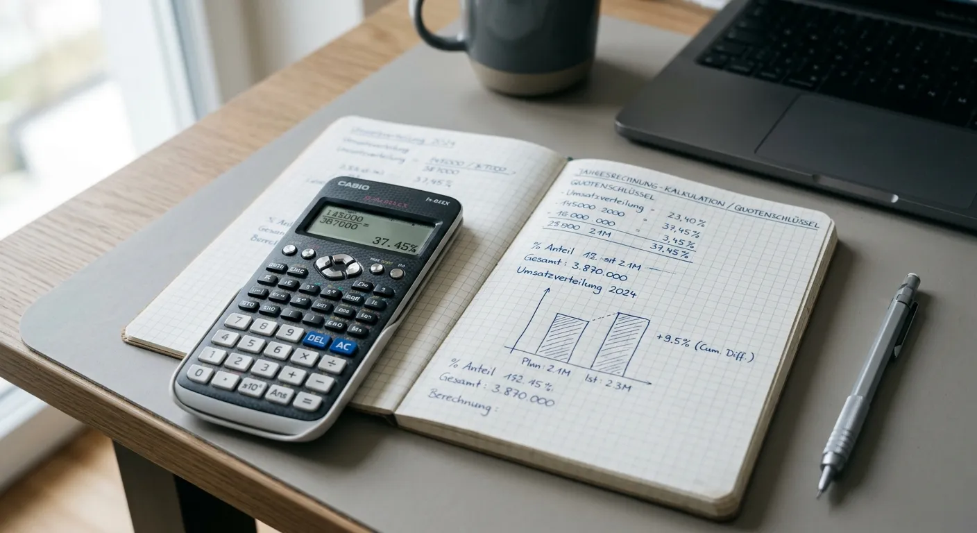 Taschenrechner und Notizen mit Berechnungen zum finanziellen Einfluss des Quotenschlüssels