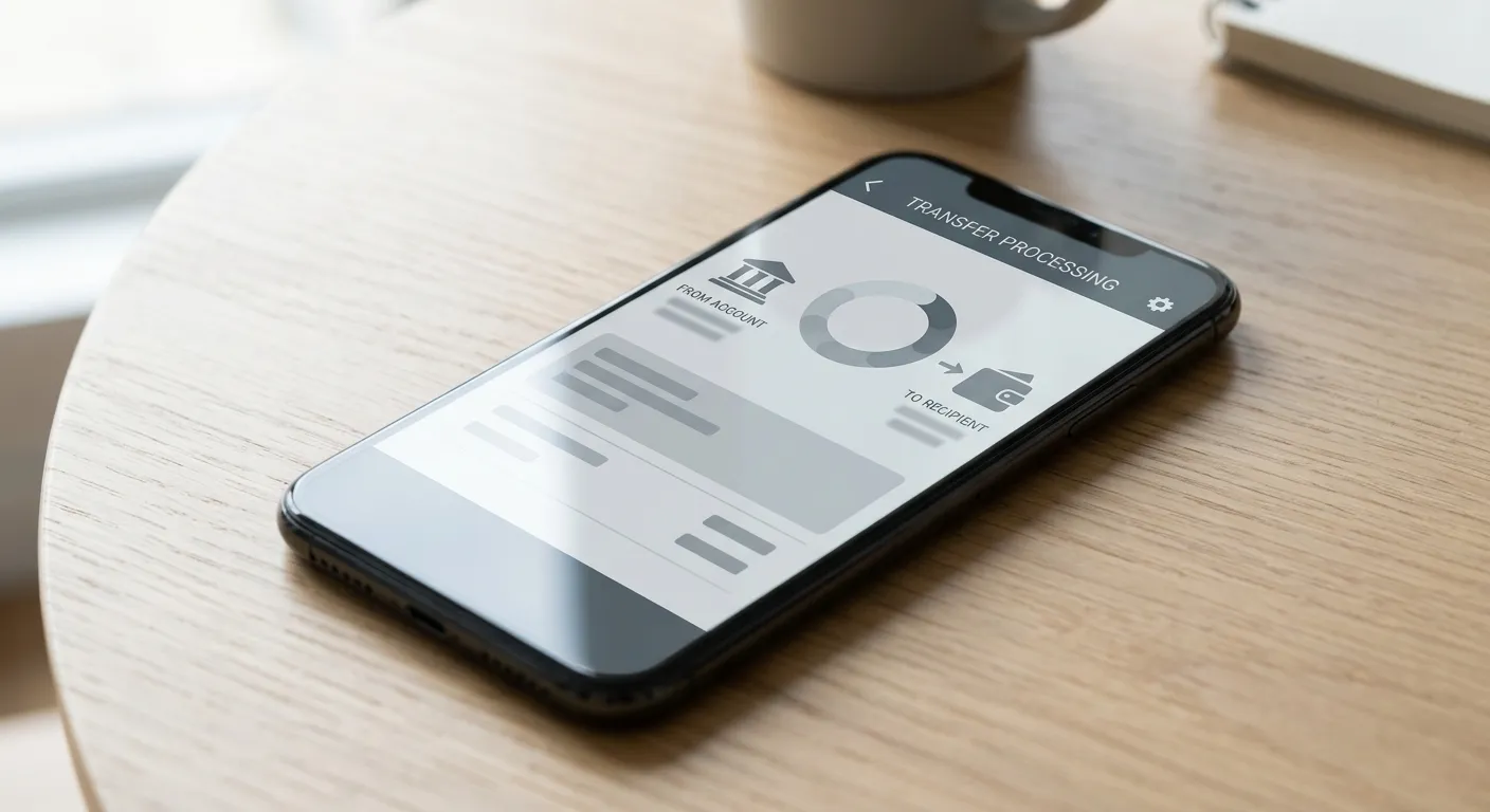 Smartphone zeigt abstraktes Banking-Interface während eine Überweisung verarbeitet wird