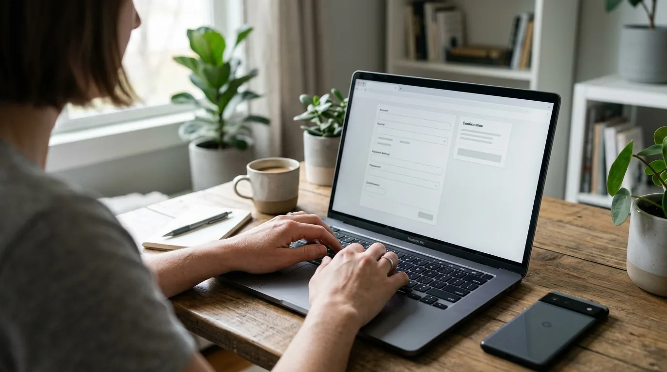 Hände am Laptop bei einer Einzahlung mit neutraler Oberfläche