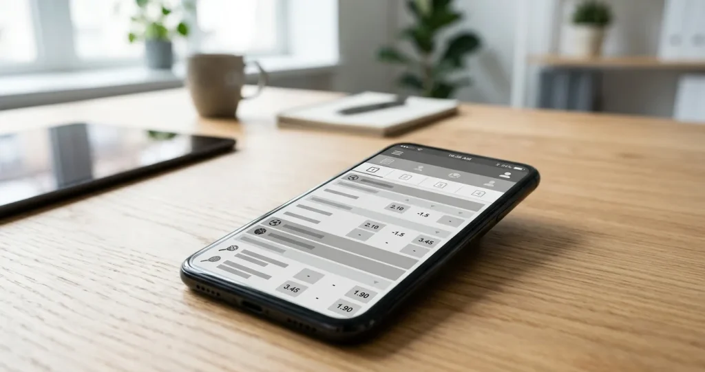 Smartphone mit Sportwetten-App-Oberfläche auf einem Schreibtisch neben Tablet und Notizen
