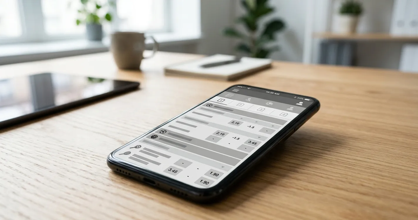 Smartphone mit Sportwetten-App-Oberfläche auf einem Schreibtisch neben Tablet und Notizen