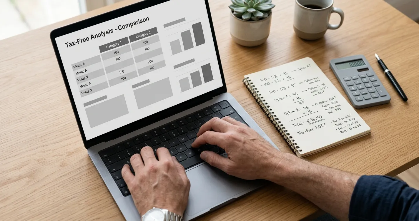 Person analysiert steuerfreie Wettanbieter am Laptop mit Notizen und Taschenrechner auf dem Schreibtisch