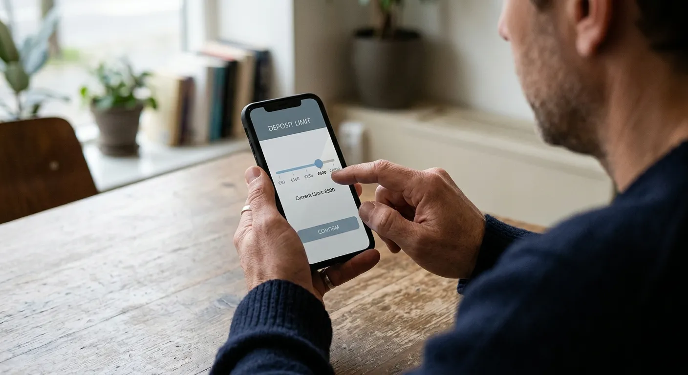 Person setzt Einzahlungslimit in Banking-App auf Smartphone in ruhiger Umgebung