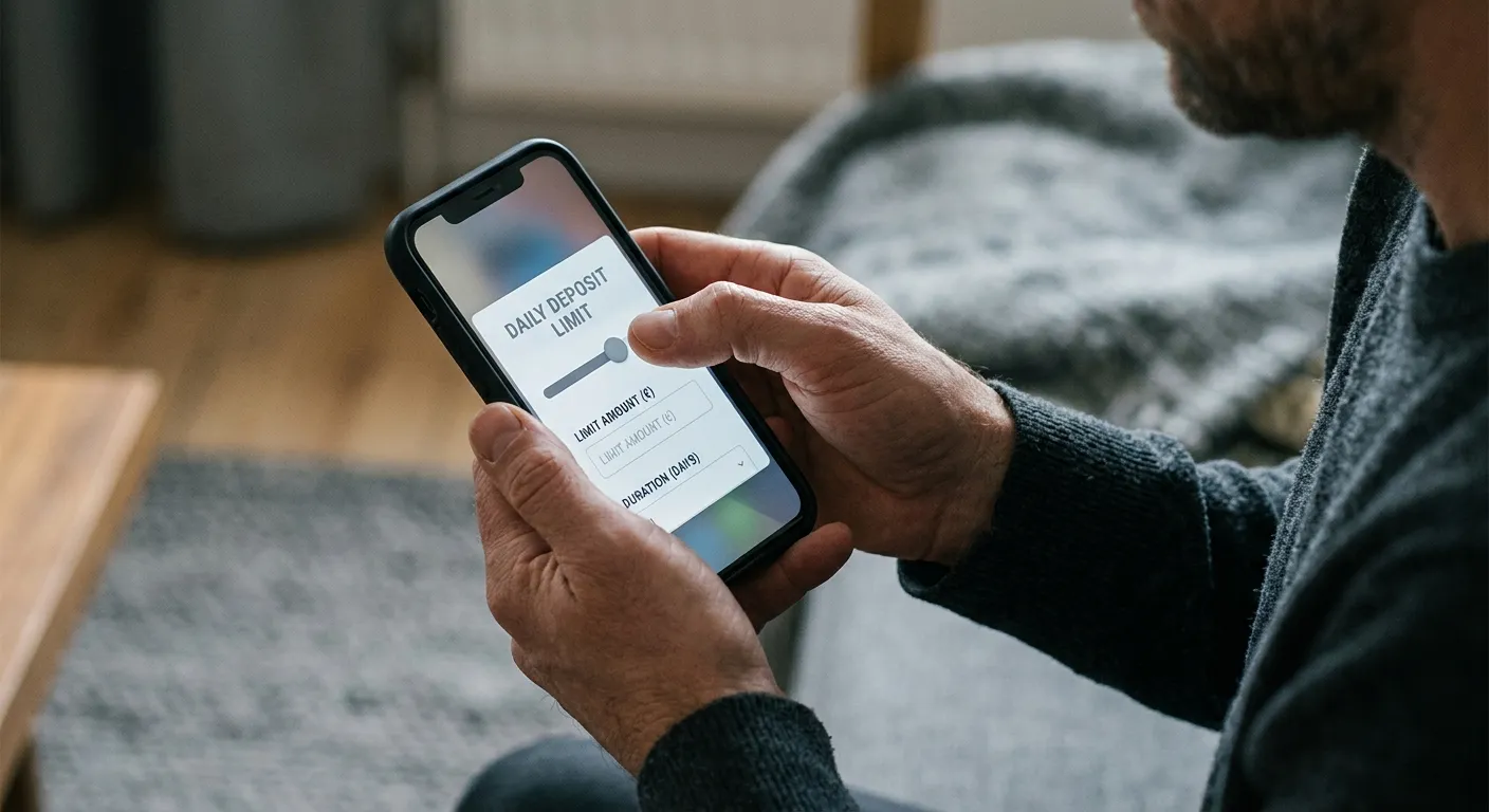 Person setzt Einzahlungslimits in Wett-App – Symbol für verantwortungsvolles Spielen