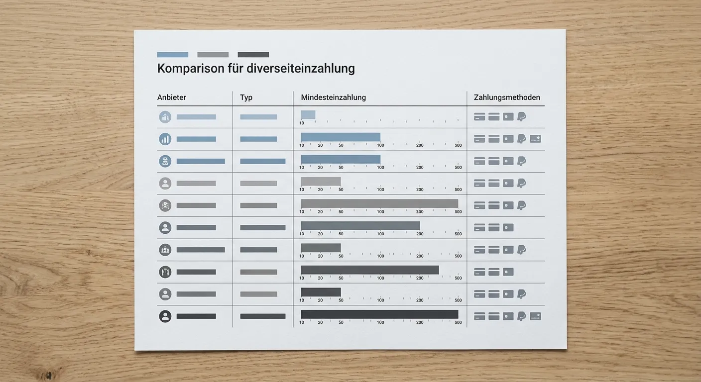 Vergleichsdarstellung verschiedener Sportwetten-Anbieter und deren Mindesteinzahlungsbeträge