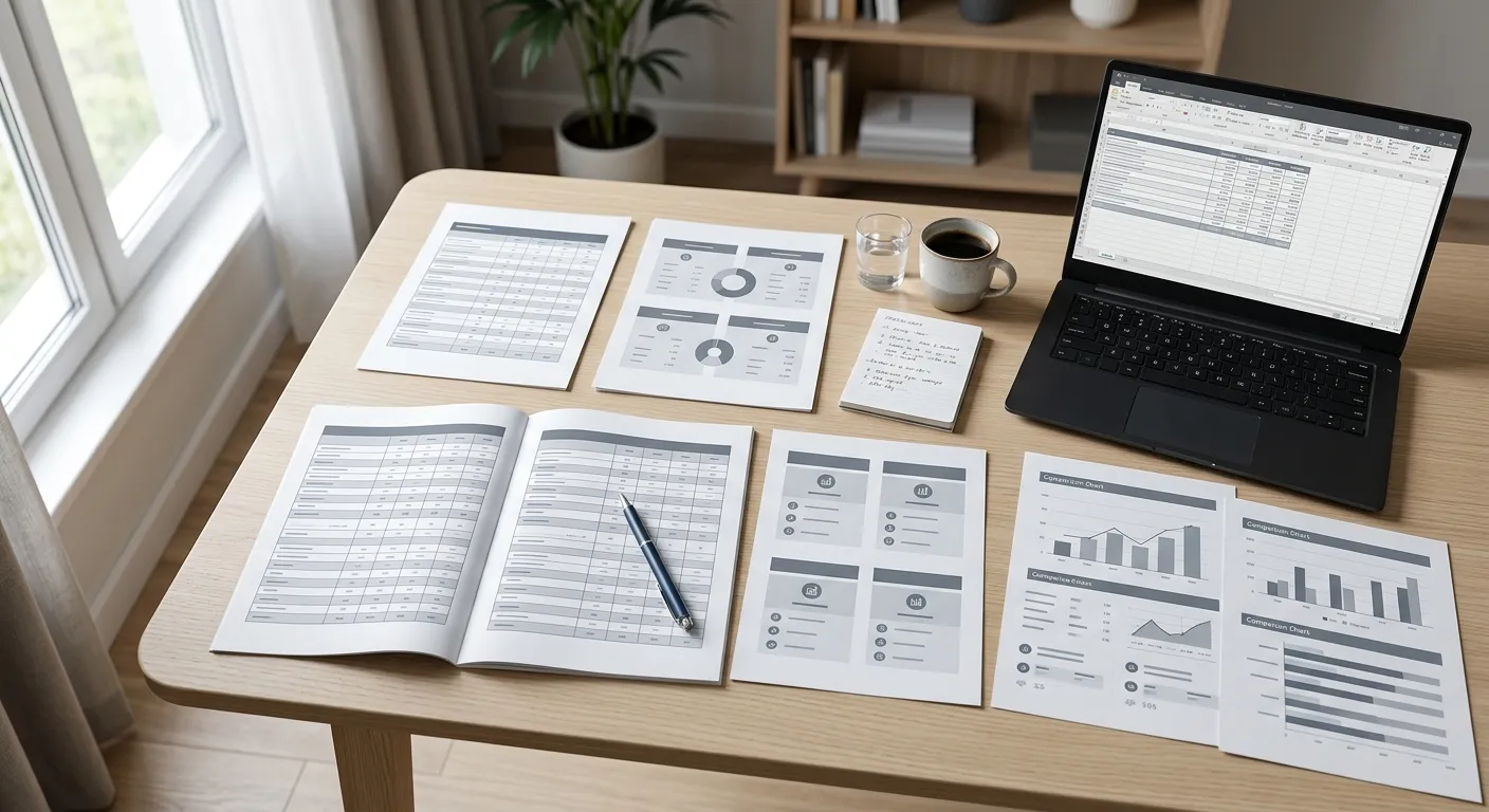 Arbeitsplatz mit Dokumenten und Tabellen zum Vergleich verschiedener Wettanbieter-Lizenzen