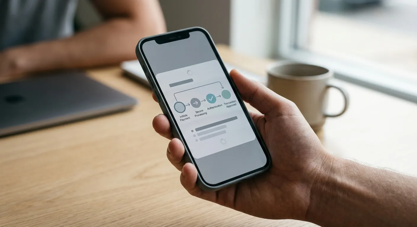 Smartphone zeigt Transaktionsprozess einer Visa-Zahlung bei einem Wettanbieter