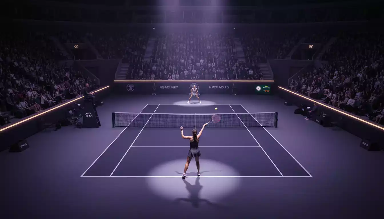 WTA-Finals-Arena mit Flutlicht — das Saisonfinale der besten Tennisspielerinnen