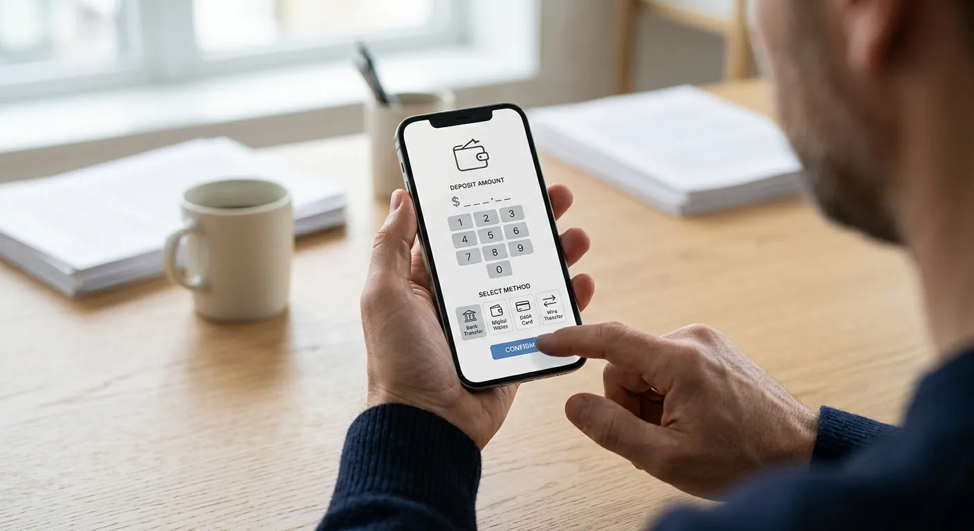 Smartphone mit neutraler Zahlungs-App-Oberfläche auf Schreibtisch