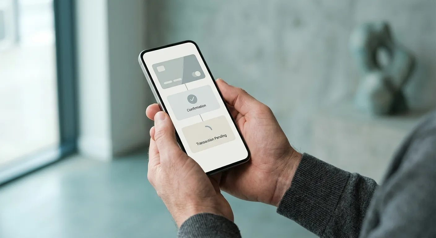 Hände halten Smartphone mit abstraktem Zahlungsinterface für Online-Wetten